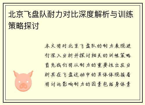 北京飞盘队耐力对比深度解析与训练策略探讨